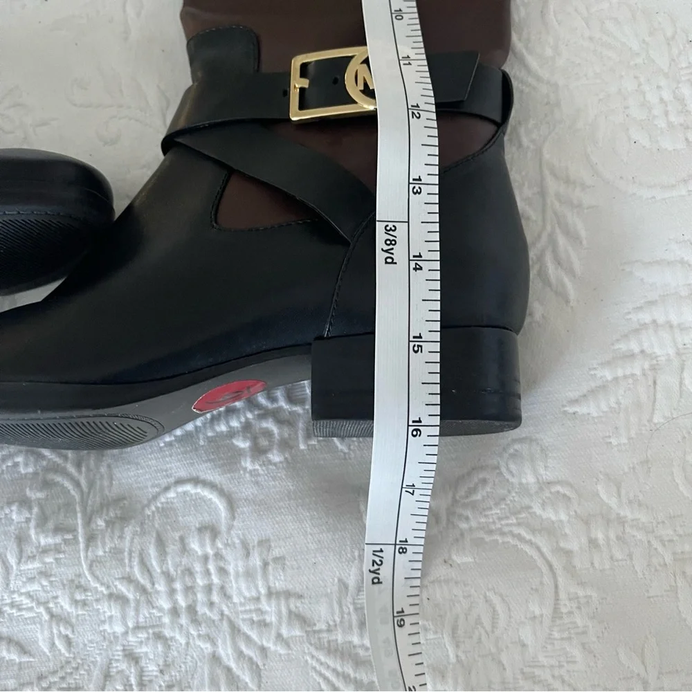 Michael Kors Black and Brown Leather Knee Boots with Gold hardware. Size 6